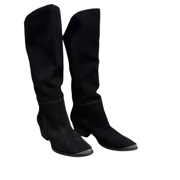 Vintage Y2K 90’s Slouchy Black Western Boho Slouchy Suede Silver Toe Tap Boots