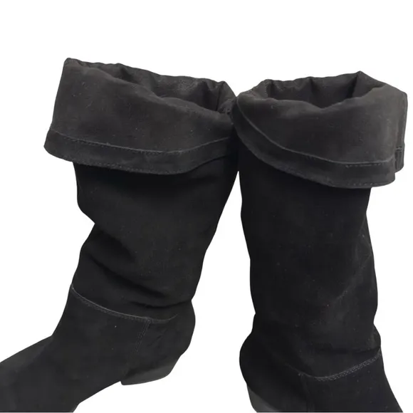 Vintage Y2K 90’s Slouchy Black Western Boho Slouchy Suede Silver Toe Tap Boots