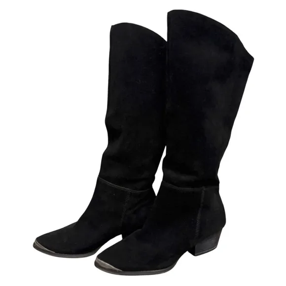 Vintage Y2K 90’s Slouchy Black Western Boho Slouchy Suede Silver Toe Tap Boots