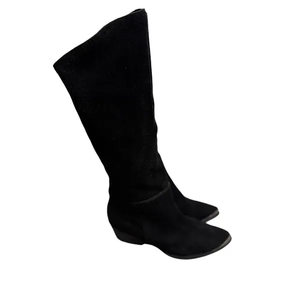 Vintage Y2K 90’s Slouchy Black Western Boho Slouchy Suede Silver Toe Tap Boots
