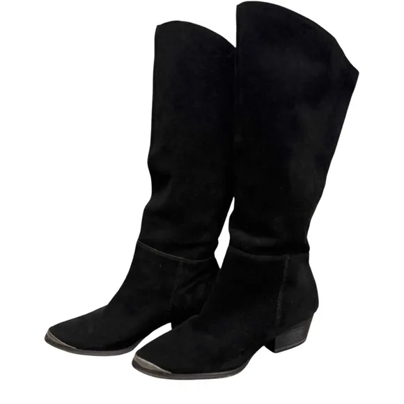 Vintage Y2K 90’s Slouchy Black Western Boho Slouchy Suede Silver Toe Tap Boots