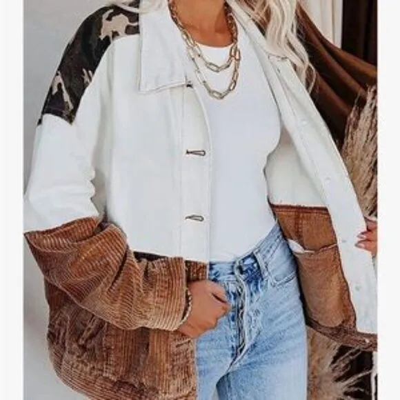 Vintage Long Sleeves Button Down Mixed Media Jacket