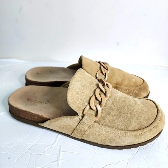 Vionic Georgie Mule Tan Suede with Chain Detail Slide Shoes Women's Size 10