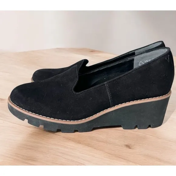 Vionic Willa wedge loafer shoes black 7 suede leather