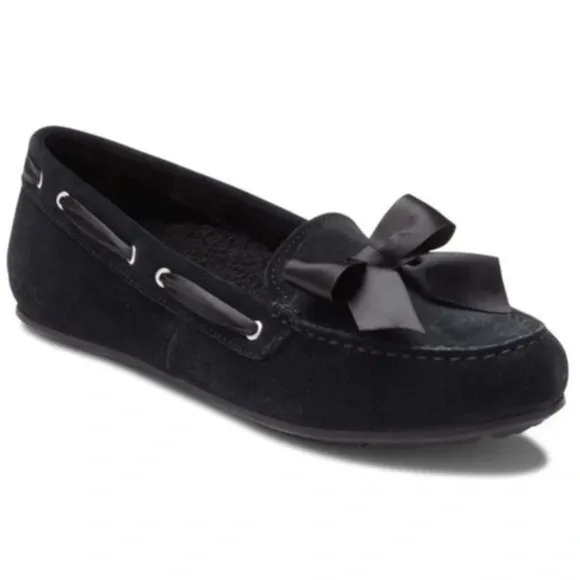 VIONIC Women’s Shoes Size 7.5 Black Suede Slip-ons Removable Fur Lined Bow Tie‎