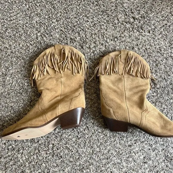 VTG Camel Brown Suede Leather Concho Fringe Cowboy Mid Calf Boots Women 8M New