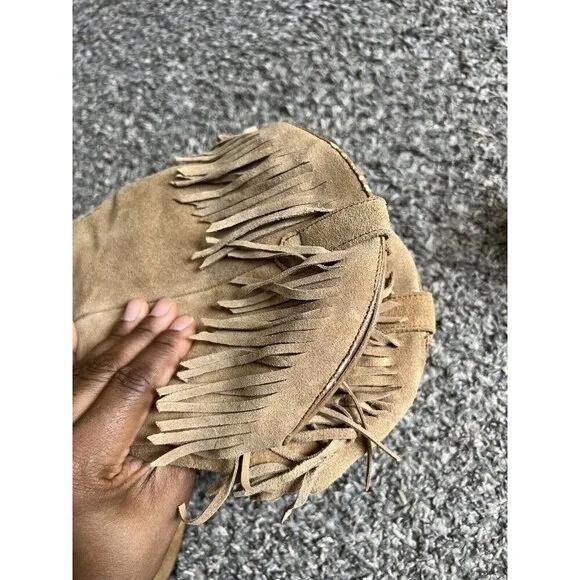 VTG Camel Brown Suede Leather Concho Fringe Cowboy Mid Calf Boots Women 8M New
