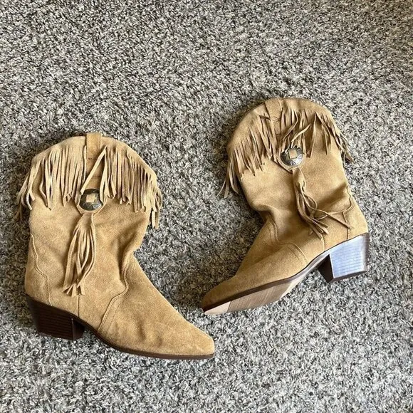 VTG Camel Brown Suede Leather Concho Fringe Cowboy Mid Calf Boots Women 8M New
