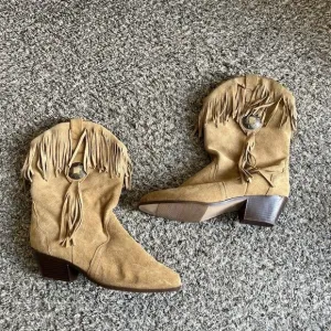 VTG Camel Brown Suede Leather Concho Fringe Cowboy Mid Calf Boots Women 8M New