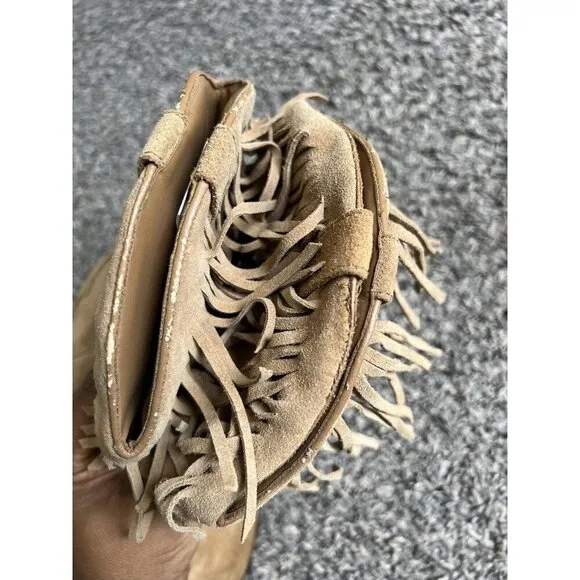 VTG Camel Brown Suede Leather Concho Fringe Cowboy Mid Calf Boots Women 8M New