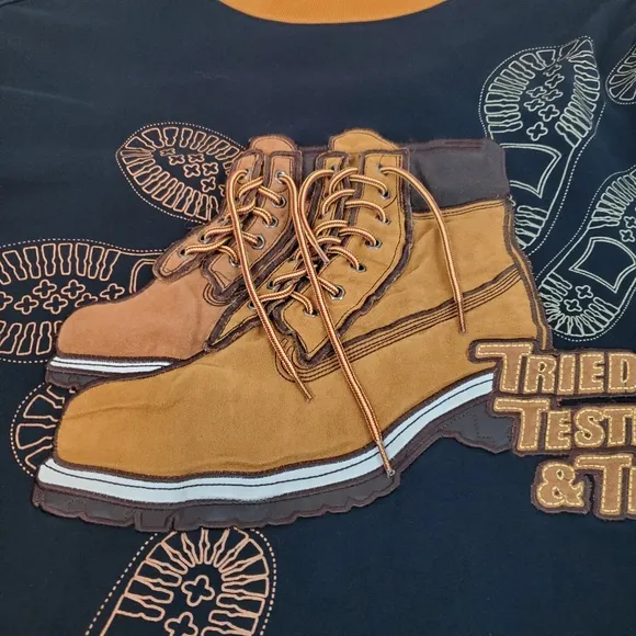 VTG Mens Raw Blue Tried Trusted And True Lace Up Boots T Shirt 2XL Suede RARE