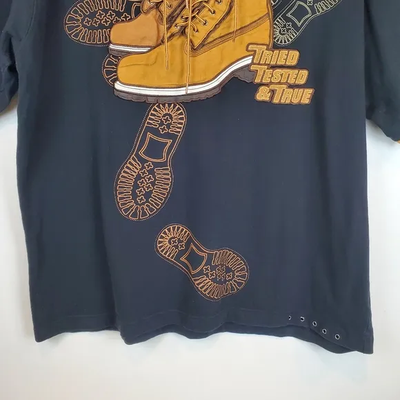 VTG Mens Raw Blue Tried Trusted And True Lace Up Boots T Shirt 2XL Suede RARE