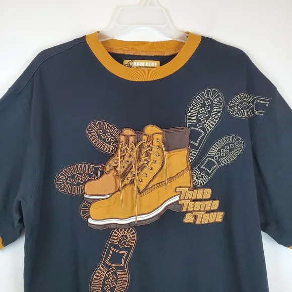 VTG Mens Raw Blue Tried Trusted And True Lace Up Boots T Shirt 2XL Suede RARE