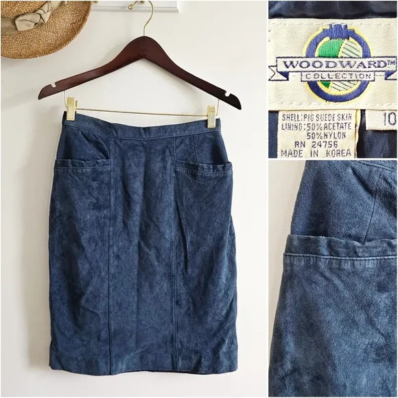 VTG Pig Suede Skin, Woodward Collection Back Slit Vintage Blue Skirt Sz 10