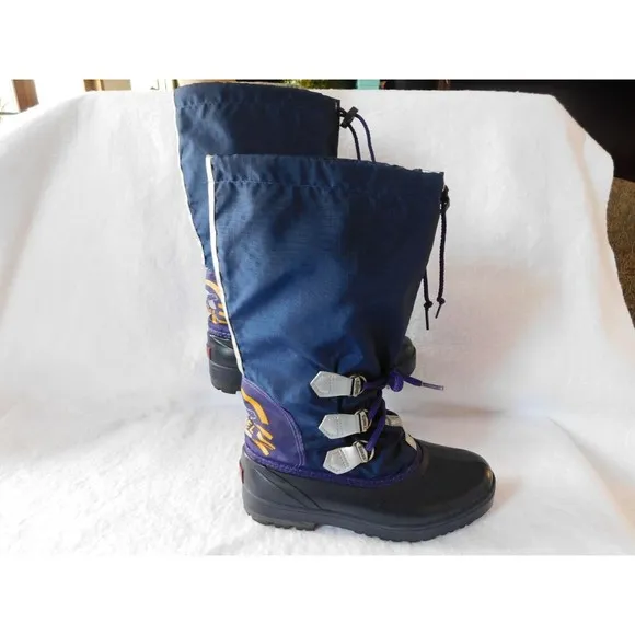 Vtg Sorel Hand Crafted Natural Rubber Women's Blue &amp; Purple Laces Boots Size 7