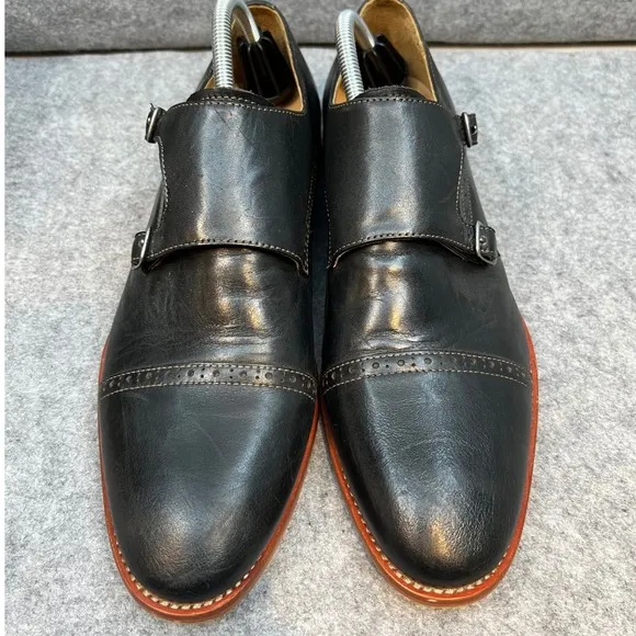 Warfield &amp; Grand Double Monk Strap Dress Shoes Leather Cap Toe Black Men's 10.5