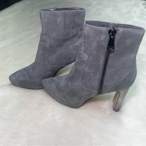 White House Black Market suede ankle helped boots in smoked pearl mirrored heel