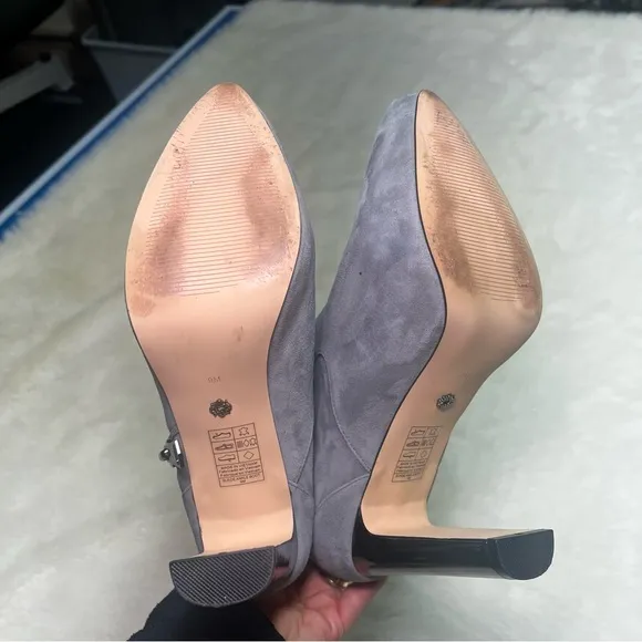 White House Black Market suede ankle helped boots in smoked pearl mirrored heel