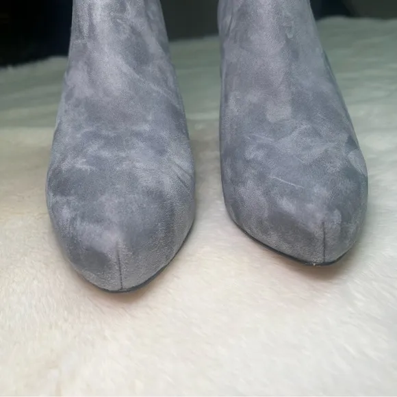 White House Black Market suede ankle helped boots in smoked pearl mirrored heel