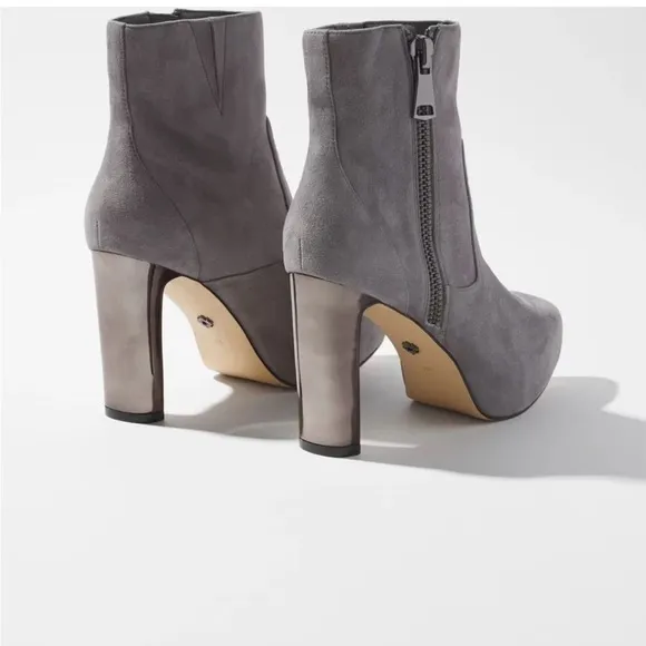 White House Black Market suede ankle helped boots in smoked pearl mirrored heel