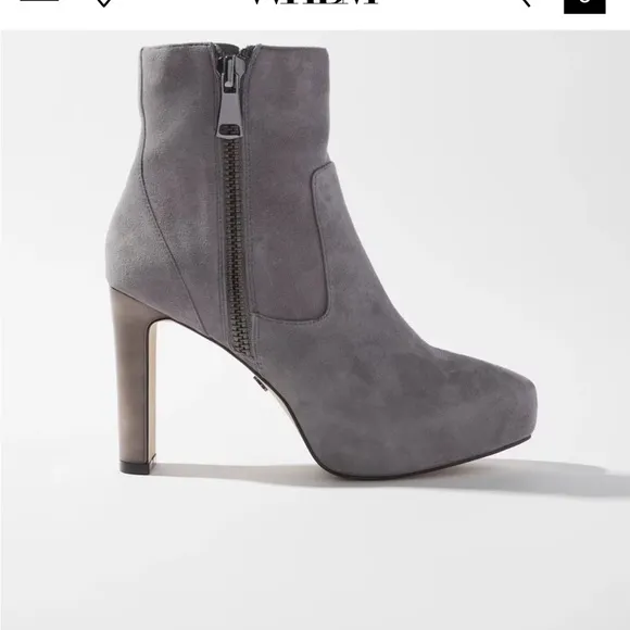 White House Black Market suede ankle helped boots in smoked pearl mirrored heel