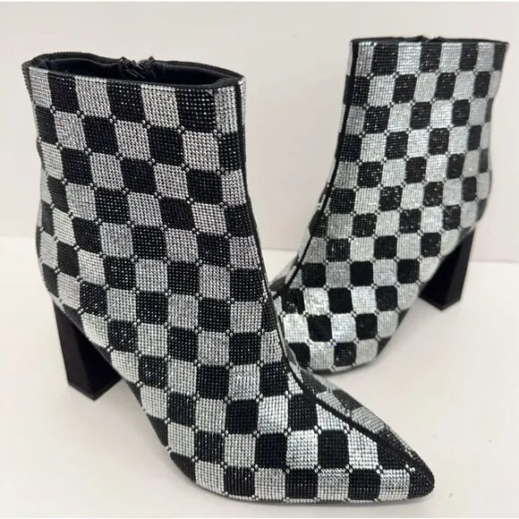 Wild Pair Boots Size 5 Checkered Pointed Toe Rhinestones High Heel Booties NEW