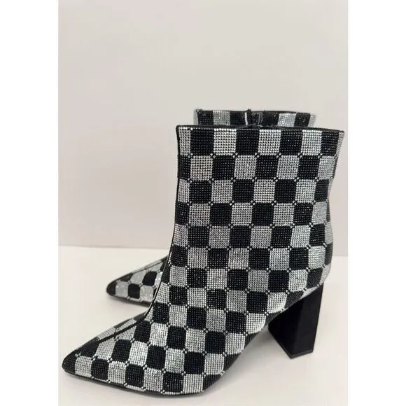 Wild Pair Boots Size 5 Checkered Pointed Toe Rhinestones High Heel Booties NEW