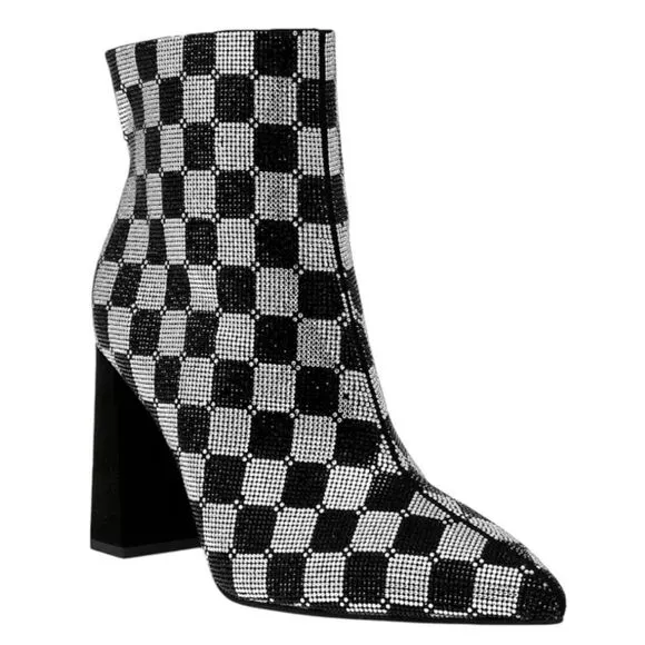 Wild Pair Boots Size 5 Checkered Pointed Toe Rhinestones High Heel Booties NEW