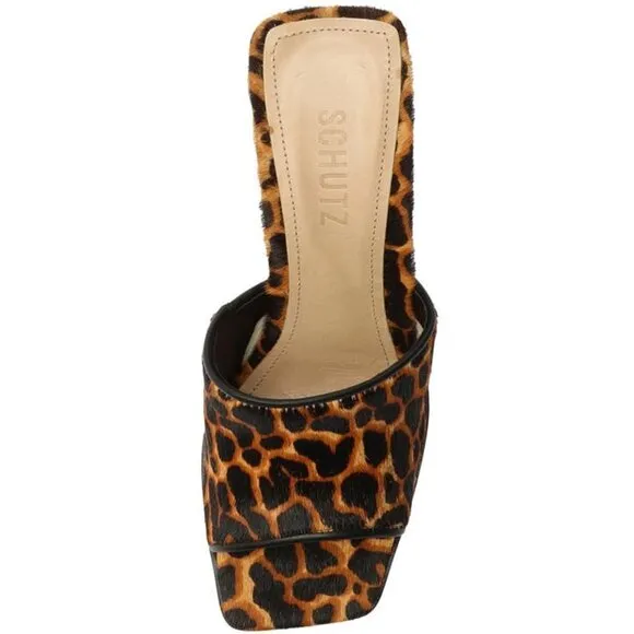 Womens SCHUTZ LIZAH Square Toe Leopard Calf Hair Block Heel Sandals Shoes 7.5M