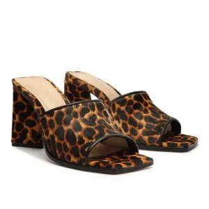 Womens SCHUTZ LIZAH Square Toe Leopard Calf Hair Block Heel Sandals Shoes 7.5M