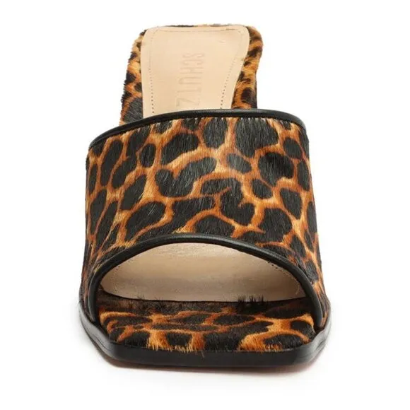 Womens SCHUTZ LIZAH Square Toe Leopard Calf Hair Block Heel Sandals Shoes 7.5M