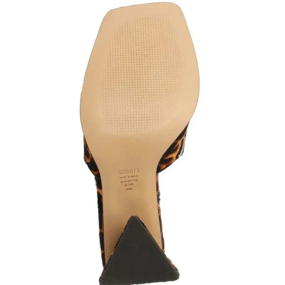 Womens SCHUTZ LIZAH Square Toe Leopard Calf Hair Block Heel Sandals Shoes 7.5M