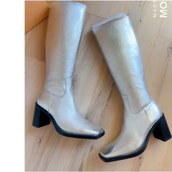 Women's Silver Leather Knee High Boots Size 6.5 Go Go Boots Concert Festival NEW