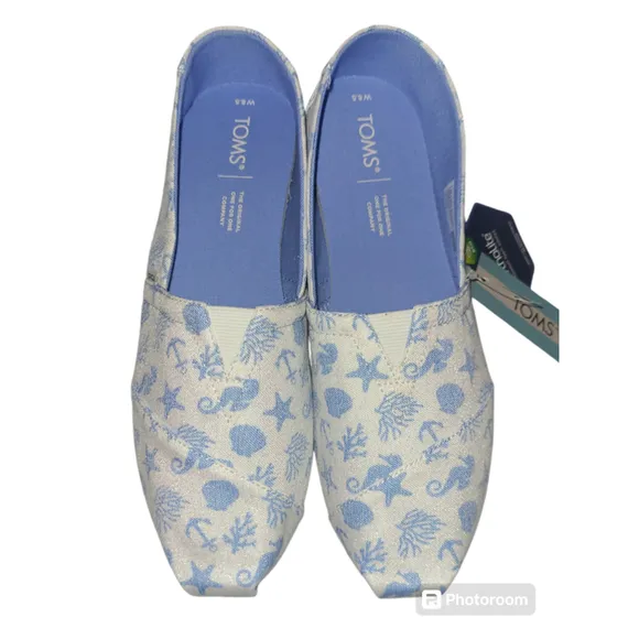 Women's TOMS Sea Graphic Alpargata Shoes Size 8.5 White Blue