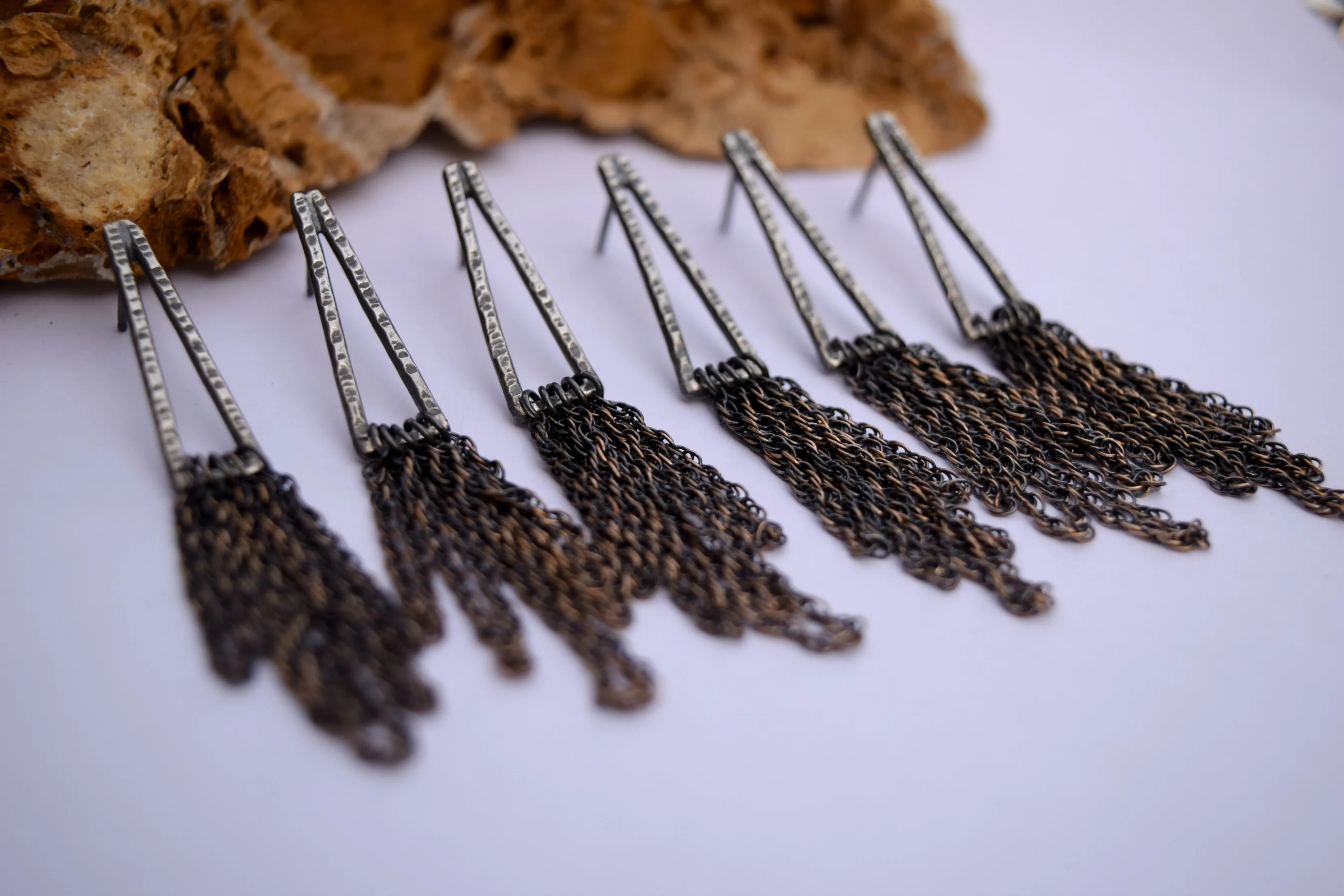XHollow Armor Dangle Earrings - Silver and Bronze - Chain Dangles - Spike Dangles - Armor Dangles  - Post Dangles - Armor - Dangle Earrings