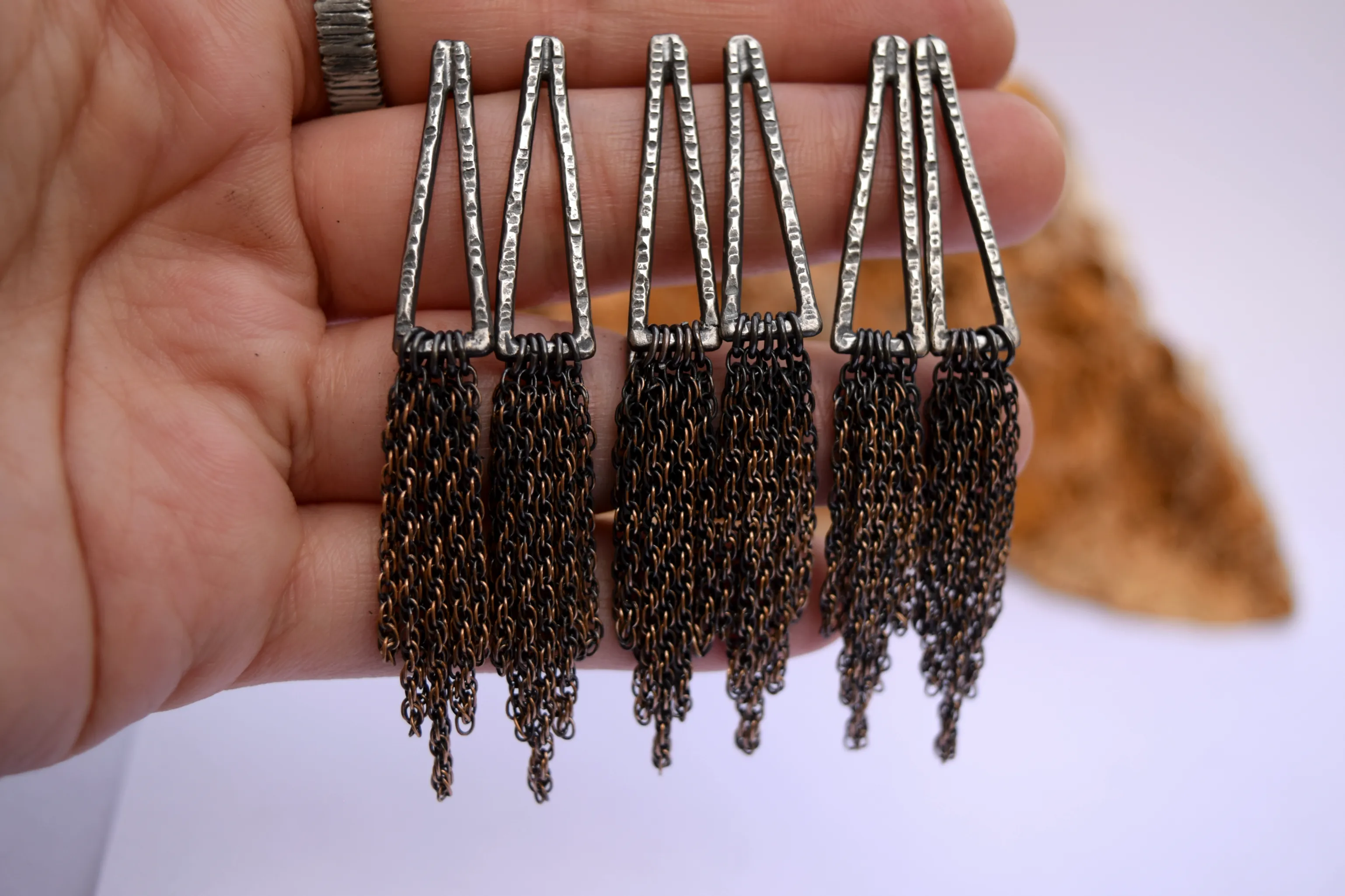 XHollow Armor Dangle Earrings - Silver and Bronze - Chain Dangles - Spike Dangles - Armor Dangles  - Post Dangles - Armor - Dangle Earrings