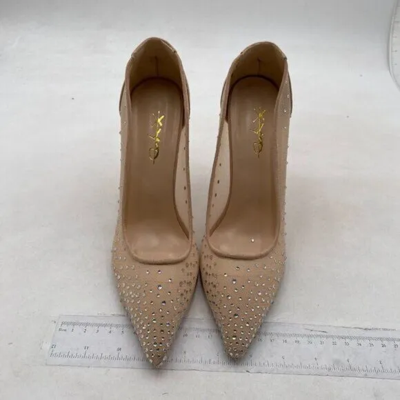 XYD Rhinestones Studded Stiletto High Heels Mesh Pumps for Women Nude Shoes