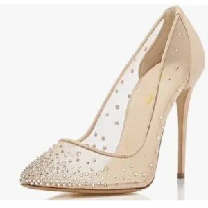 XYD Rhinestones Studded Stiletto High Heels Mesh Pumps for Women Nude Shoes