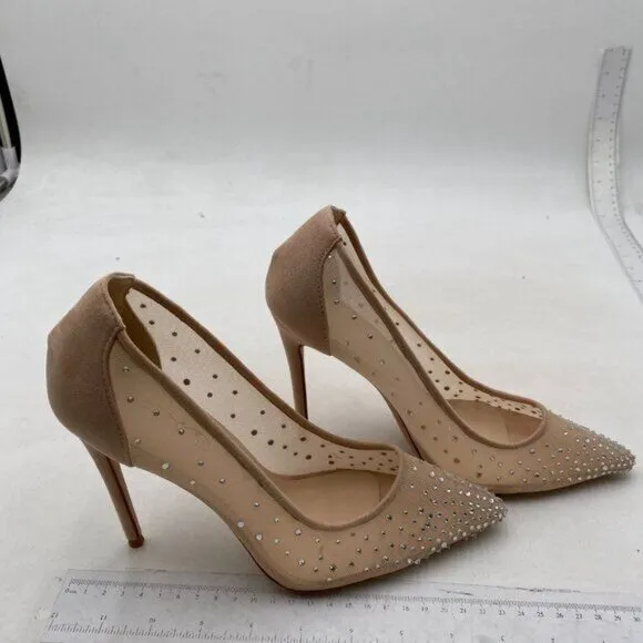 XYD Rhinestones Studded Stiletto High Heels Mesh Pumps for Women Nude Shoes