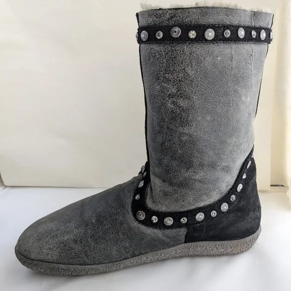 YIN Mekong Pull-On Boots Terranova Nero Grey Gem Stud Rubber Sole RARE Sz 40
