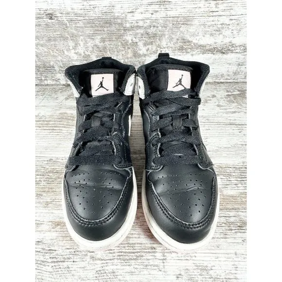 Youth Nike Air Jordan 1 Mid 'Black Arctic Punch' Black Leather Sneakers Sz 13C
