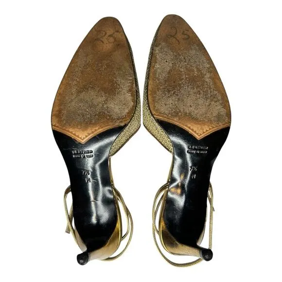Yves Saint Laurent gold mesh pointed toe strappy sandal. Size 7.5