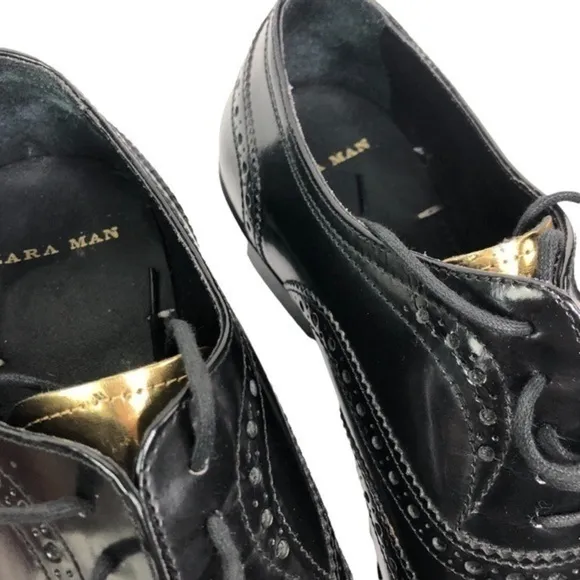 ZARA MAN Oxford Dress Shoes Leather Gold Black Brogue Luxury