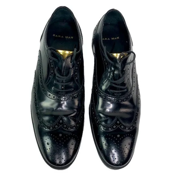 ZARA MAN Oxford Dress Shoes Leather Gold Black Brogue Luxury