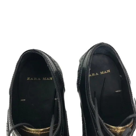 ZARA MAN Oxford Dress Shoes Leather Gold Black Brogue Luxury