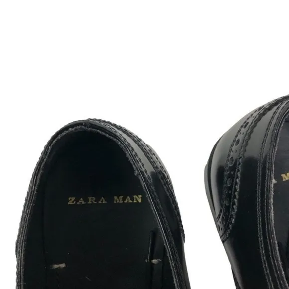 ZARA MAN Oxford Dress Shoes Leather Gold Black Brogue Luxury