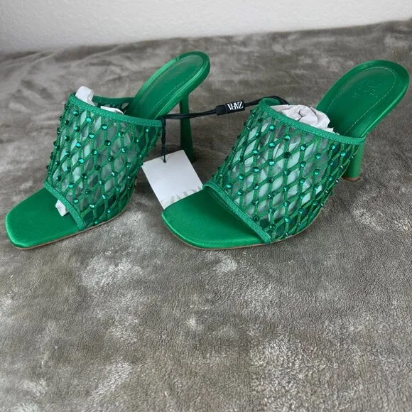 Zara Mesh Rhinestone Green Heels