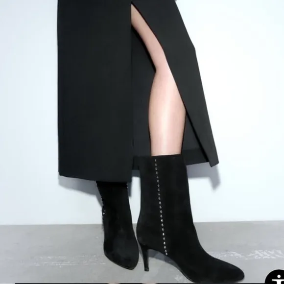 Zara NEW studded leather suede heeled ankle boots