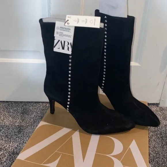 Zara NEW studded leather suede heeled ankle boots
