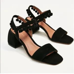 Zara Woman Sandals Pom-Poms Fun Suede Unique Size 6.5 B22A
